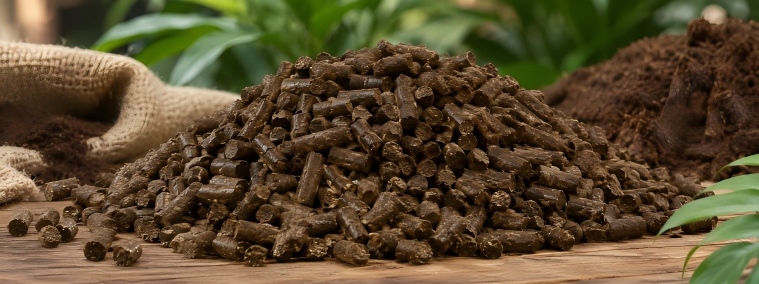 Chicken manure pellets in chicken manure feed 